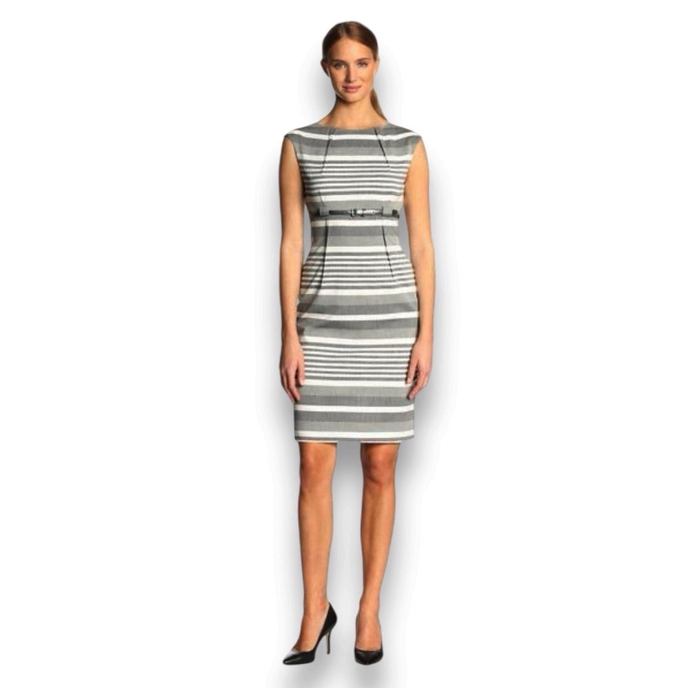 Calvin Klein Striped Cap Sleeve Belted Empire Waist Sheath Dress